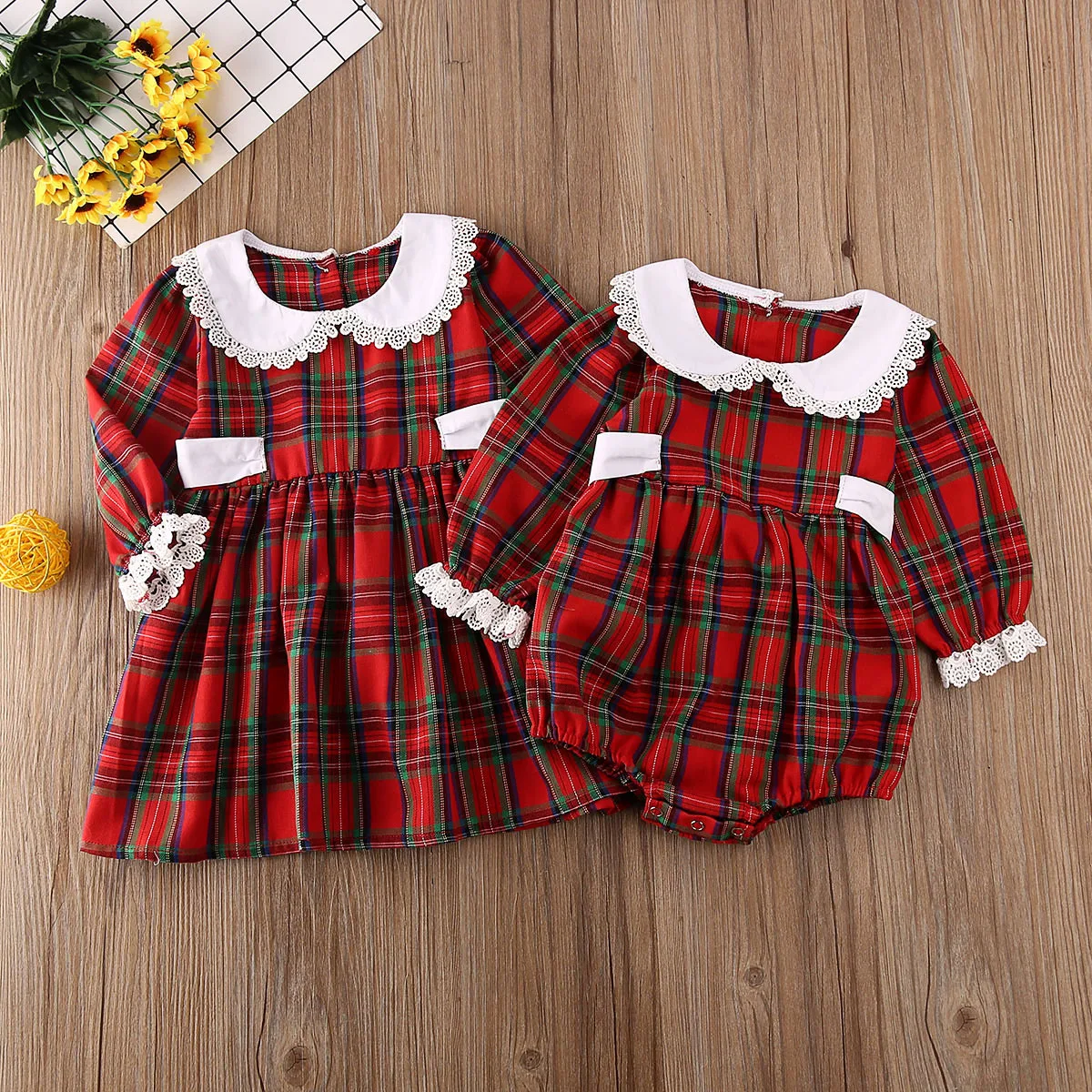 

Christmas Baby Girl Outfits Matching Sister Dress/Jumpsuit Long Sleeve Plaid Bodysuit Xmas Fall Toddler Kids Clothes
