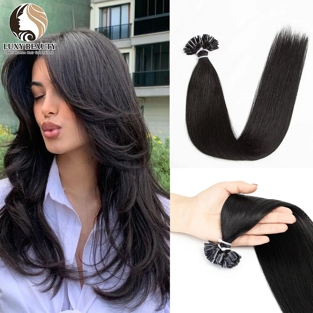 

Black U Tip Human Hair Extensions 16"-24" Capsules Fusion Keratin Hair Natural Straight Pre-Bond U Nail Tip Human Hair Extension