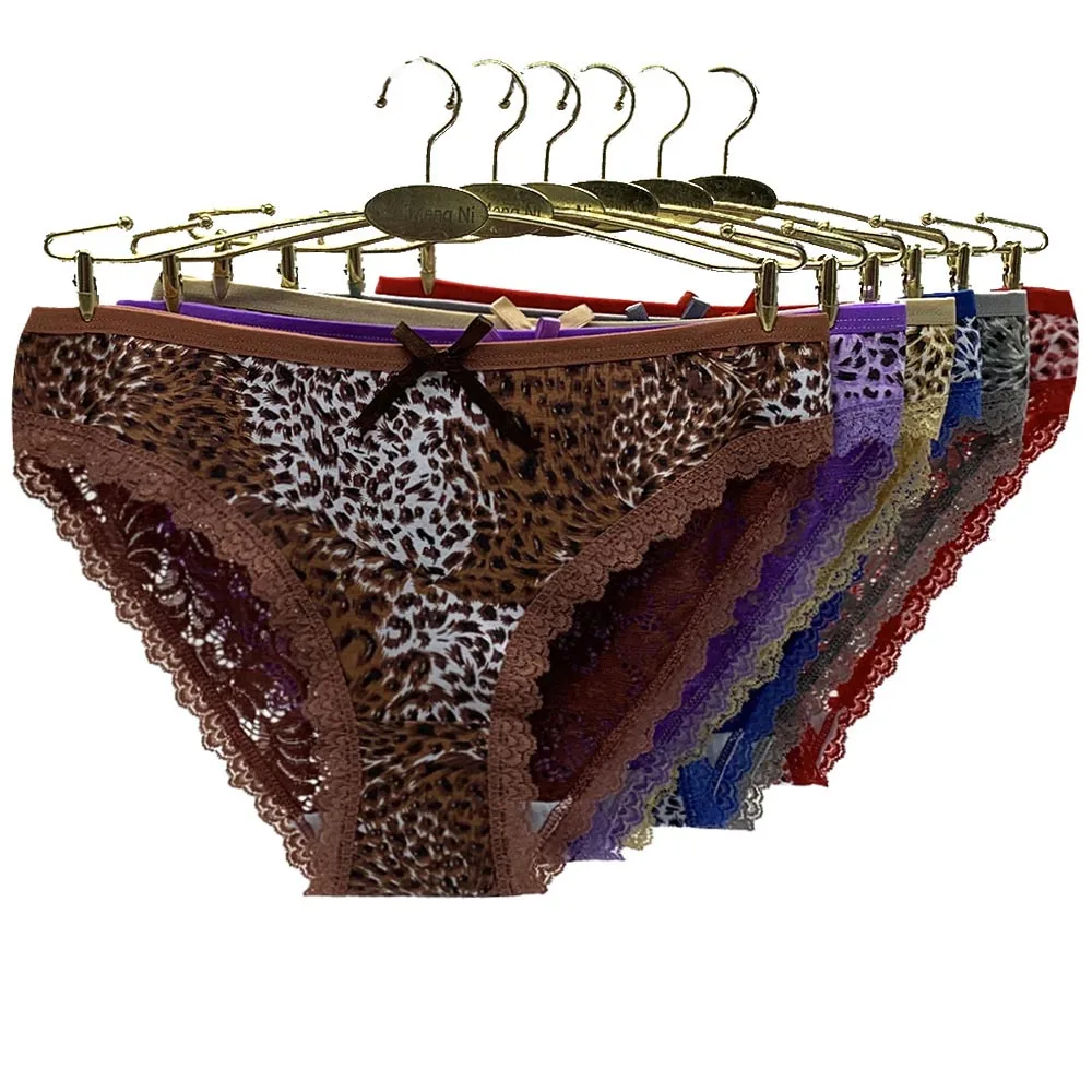 

6 Pieces/Lot Sexy Lingerie Leopard Print Women Panties Underwear Briefs Cotton Underpants Transparent Lace Intimate