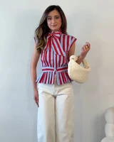 Chemisier Femme 2026 Nouvelle Collection Printemps-Été – Chemise Rayée Sans Manches à Nœud Papillon pour Femme, Style Décontracté et Chic, Personnalité Féminine 4