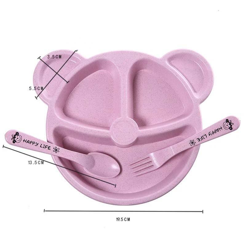 Baby Tableware Set 3-Piece Divided Dining Plate for Children's Bowls Solid Color Fork Spoon Sucking Tableware Set Wheat Material