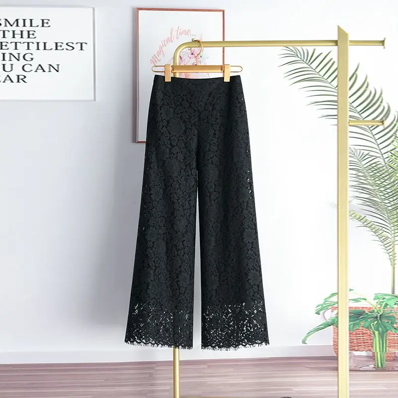 Korean Fashion Summer Pants Women Solid Zipper High Waist Lace Versatile Loose Casual Straight Ankle Length Wide Leg Trousers