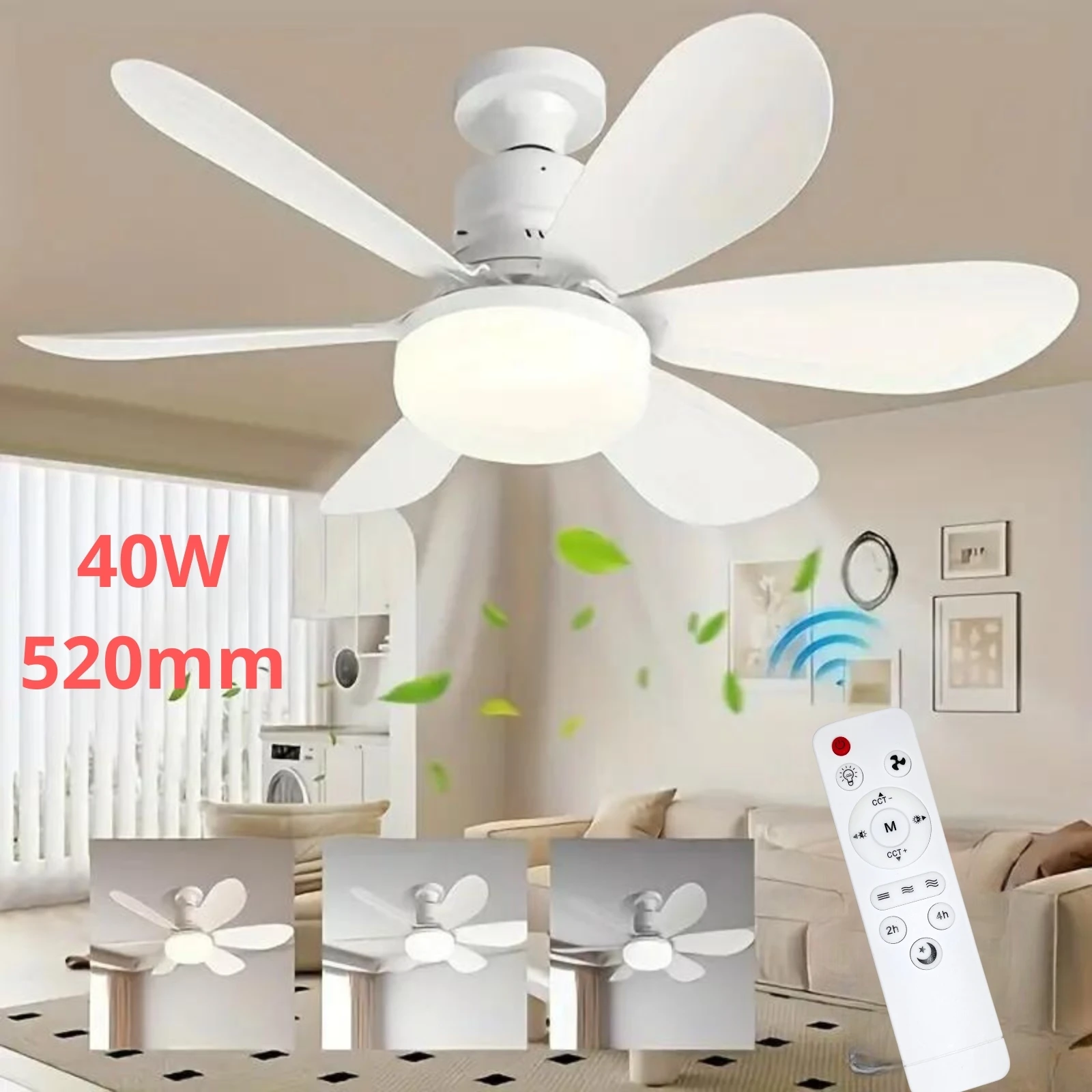 20.5in Ceiling Fan Light with Remote 40W Socket Fan with LED E27 Cordless Screw For Kitchen Bedroom Small Rooms
