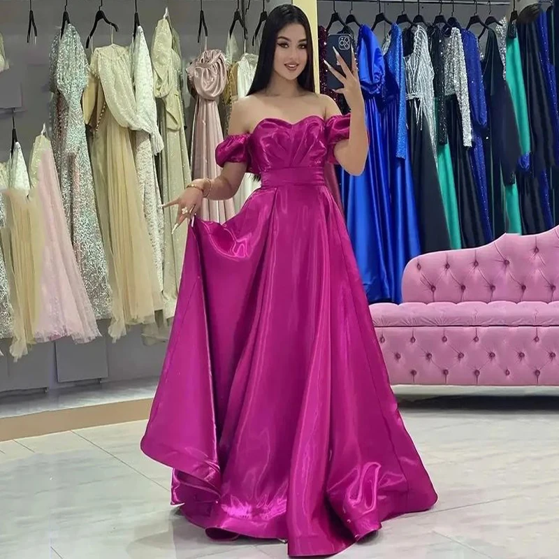 

Sexy Strapless Rose Pink A-line Prom Dress Sexy Puffy Sleeve Party Dress Silk Satin Evening Dress Satin Sweep Tail فستان سهرة