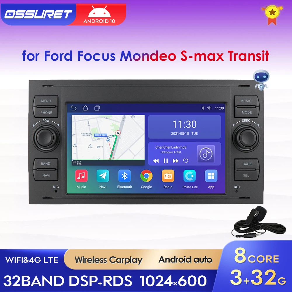 Автомагнитола на Android 10 для Ford Focus Mondeo S-max C MAX Kuga Galaxy Fiesta Transit Fusion Connect Авторадио