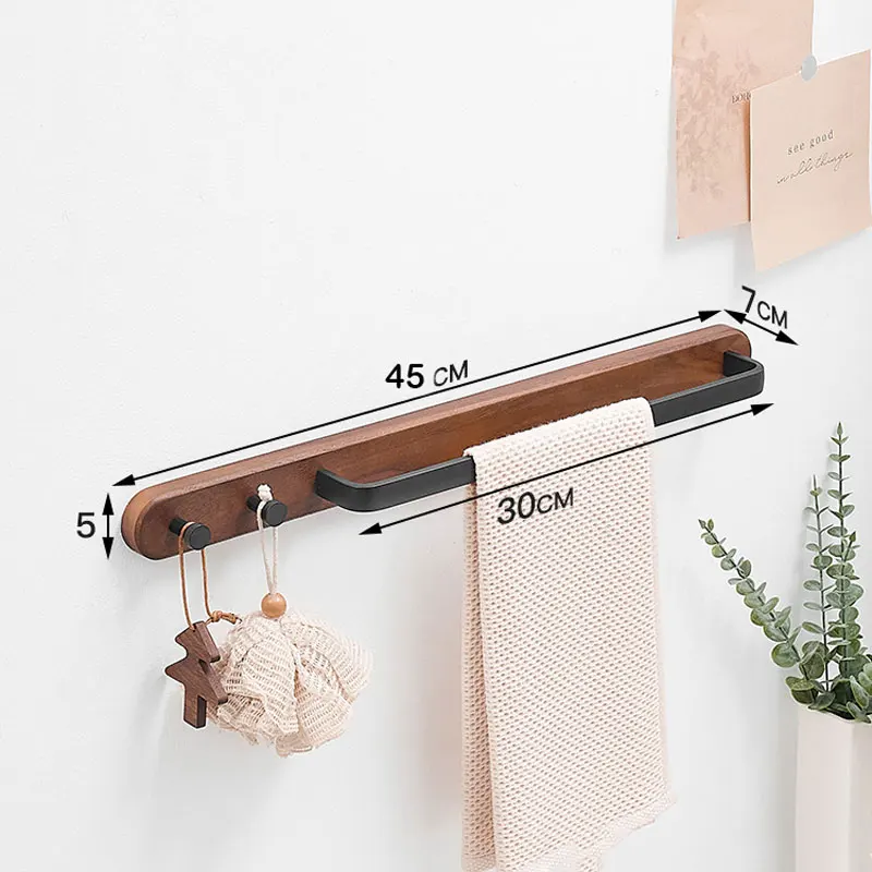 Rustic burnt wood wall mounted towel rack towel holder bathroom towel bar with metal rod 40-50cm