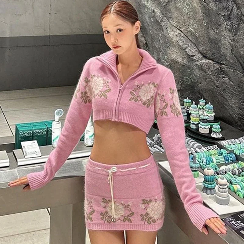 

Korean Sweet Women 2 Piece Knitted Cardigan Floral Sweater Skirt Sets Knit Zipper Jacket Drawstring Mini Skirt Two Piece Outfits