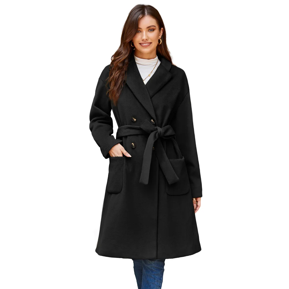 Grace Karin Women Double Breasted Overcoat Dropped Shoulder Lapel Collar Peacoat Warm Solid Lace Up Slim Fitting Outer Garment