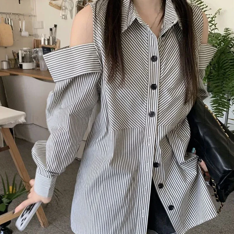 QWEEK Vintage Women Stripe Shirt Y2k Oversized Korean Fashion Off Shoulder Elegant and Youth Blouses Chic Long Sleeve Lady Top qweek gray vintage suit pants women low waist streetwear wide leg pants y2k office lady elegant slim casual flare trousers