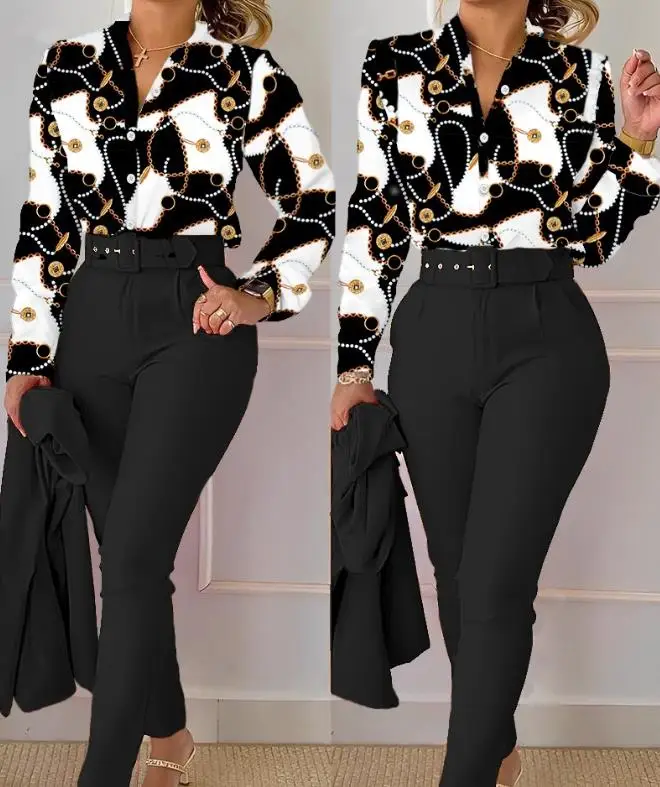 

2023 Autumn Spring New Fashion Casual Womens Two Piece Sets Outfit Chain Print Colorblock Shirt & Pants Set Female Suit