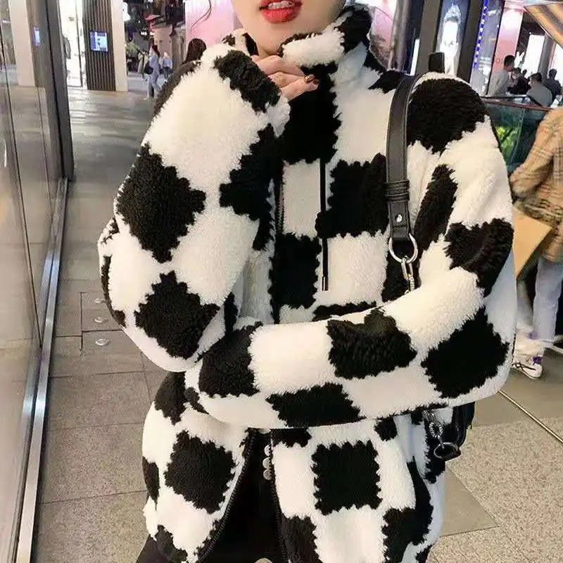 

Winter New Korean Version Black and White Checkerboard Imitation Lamb Wool Coat Women's Short Stand Collar