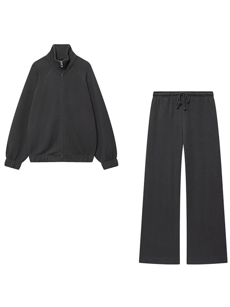 TFMLN Women Wide Leg Pants Set High Street   Stand Collar Zipper Jacket Straight Pant 2025 Autumn Winter Casual Female Set