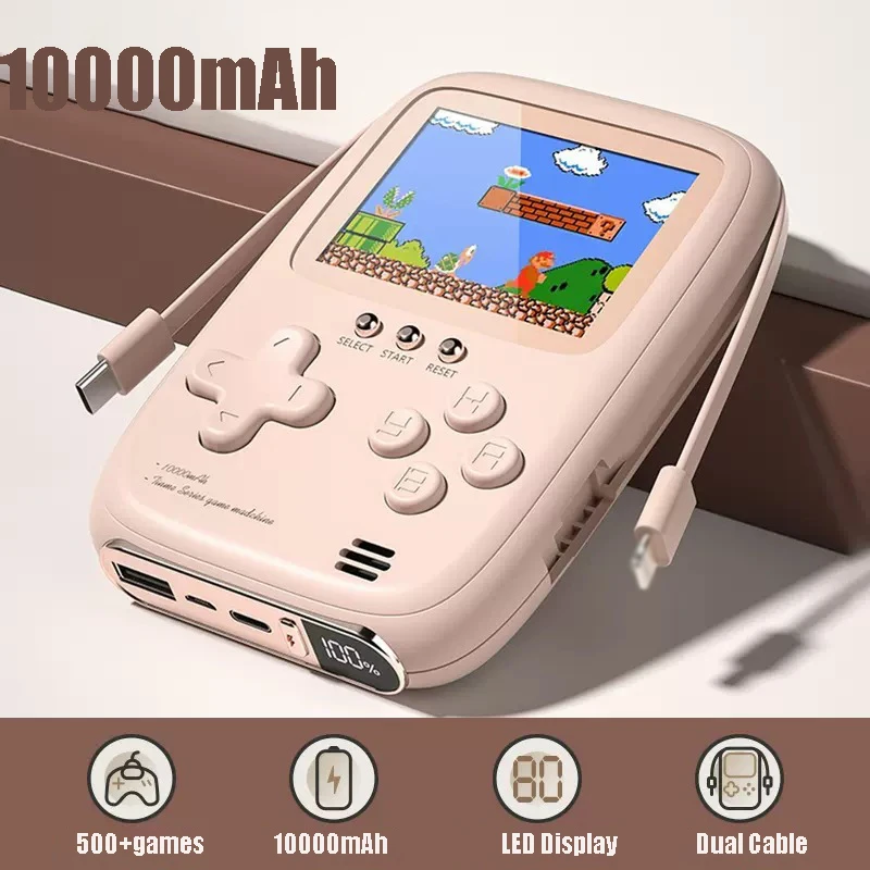 

2in1 10000mAh Large Capacity Power Bank Game Console Portable Dual Charging External Battery Cable Charger for iPhone USBC Phone