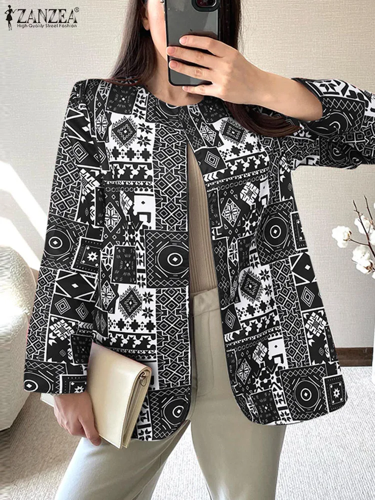 

Женский винтажный Блейзер ZANZEA, осень 2024, модная куртка с длинным рукавом, повседневные свободные пальто с богемным принтом, прямая верхняя одежда в стиле ретро