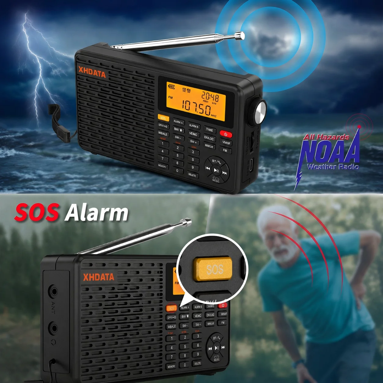 XHDATA D109 FM/AM/SW/LW 휴대용 라디오 D109WB NOAA 기상 라디오 블루투스/TF 카드 MP3 플레이어 야외용 다기능 수신기
