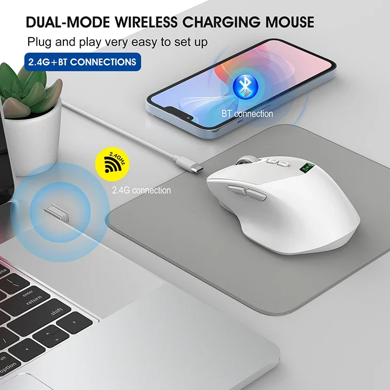Dual Mode Wireless Bluetooth Mouse with Silent Click, Adjustable DPI & Rechargeable Battery Display