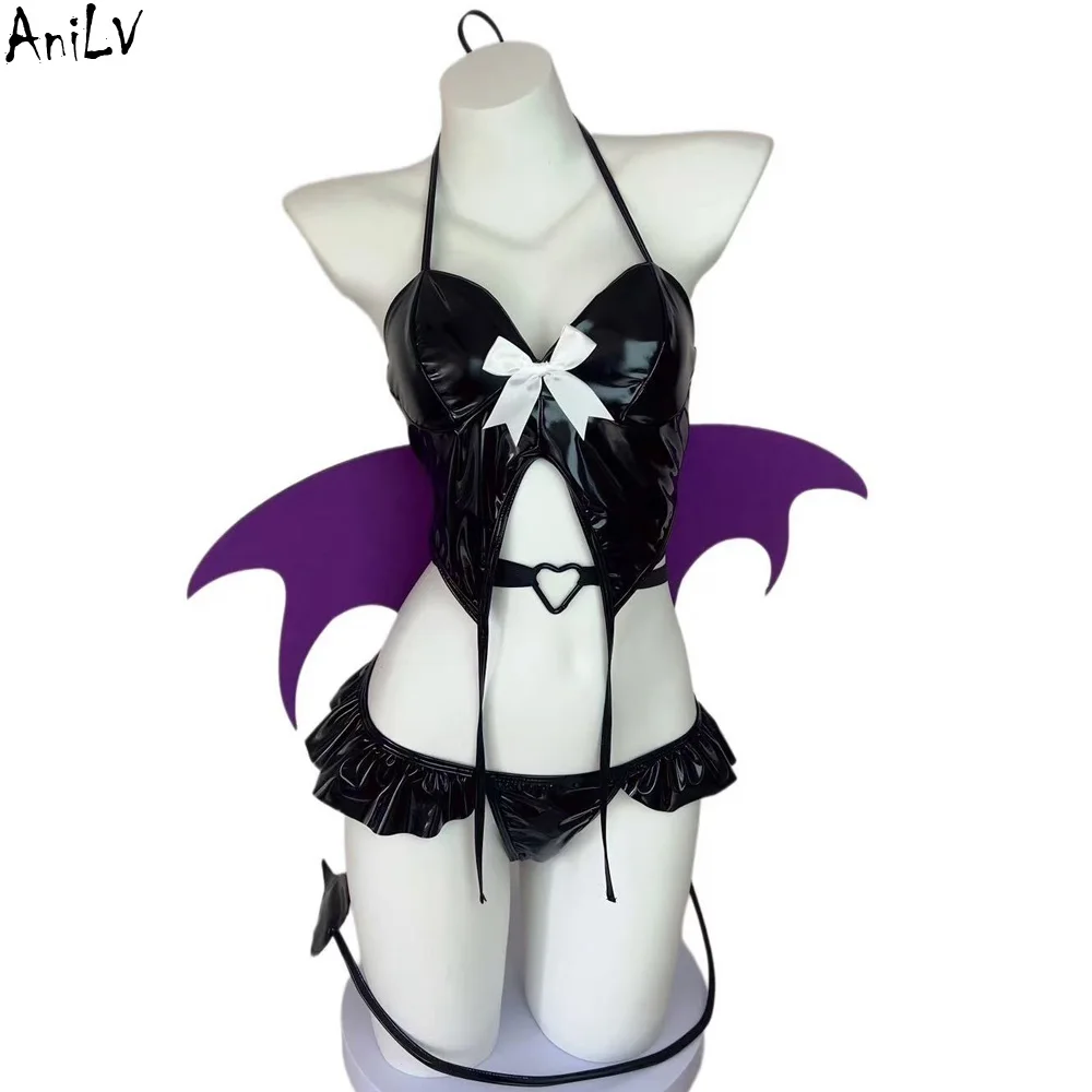 AniLV Anime Girl Little Devil Uniform Bat Wings Tail Outfits Halloween Cosplay Costume