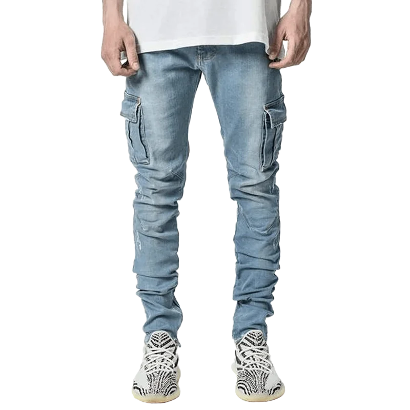 New Autumn Winter Men's Jeans Solid Color Multi Pockets Cargo Denim Pants Fashion Slim Casual Trousers Streetwear Jeans fo Men