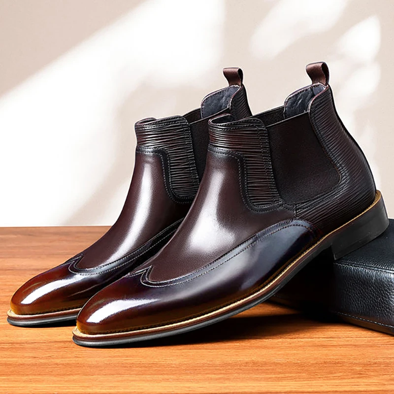 New Chelsea Boots Dress Men Shoes PU Brown Fashion Versatile Business Casual British Style Street Party Wear Classic Ankle Boots