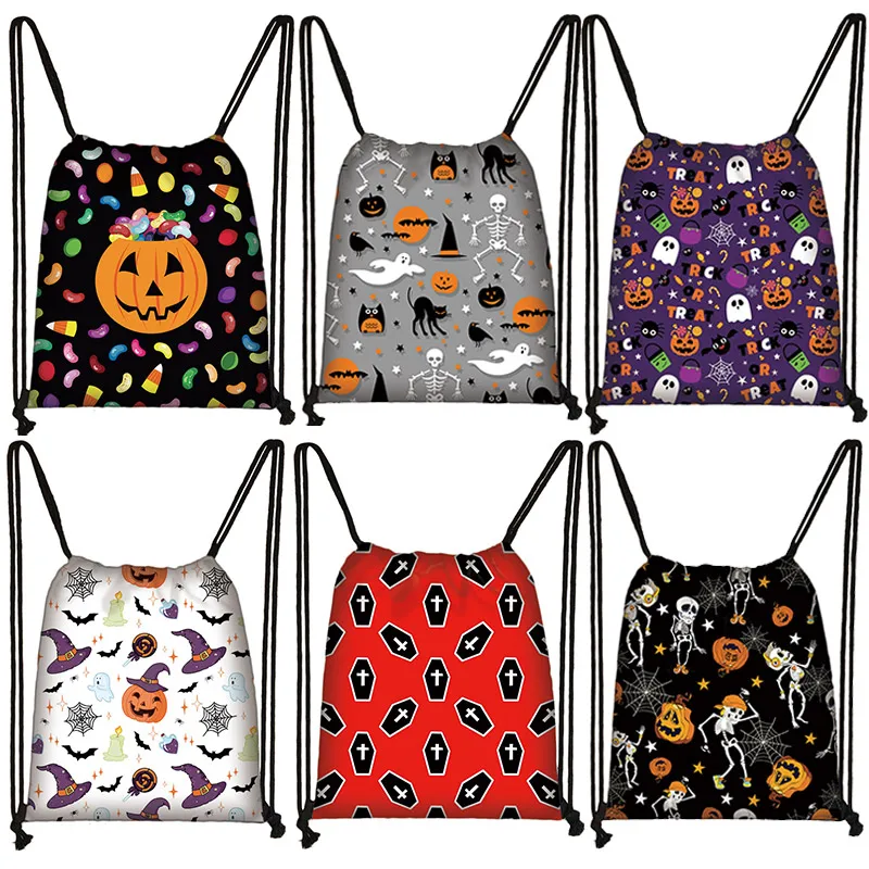 

Halloween Dead Coffin Pattern Backpack Women Pumpkin Bat Spider Drawstring Bags Gothic Storage Bag For Teenager Bookbags Gift