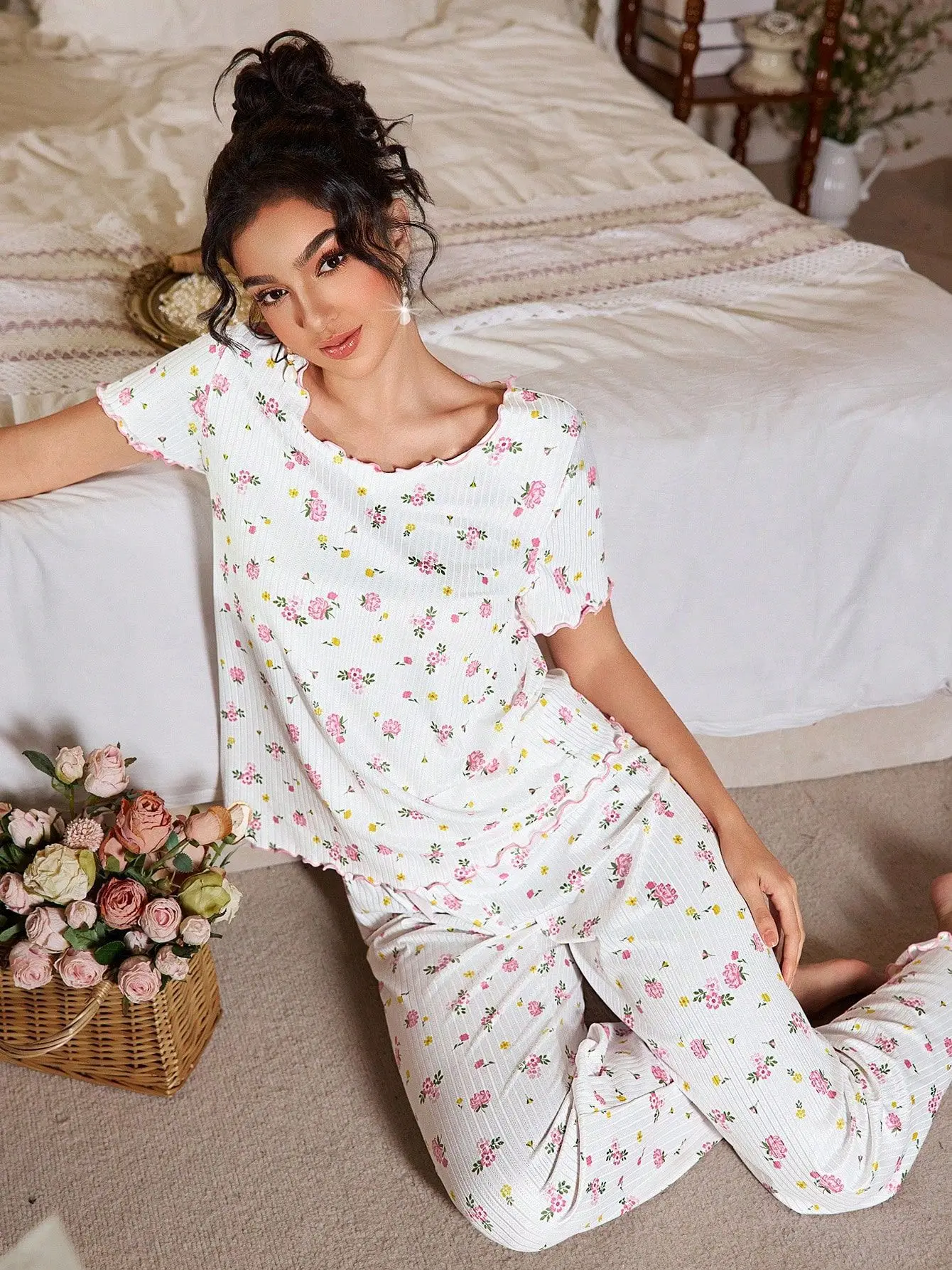 New European and American style loose-fitting women's pajamas, floral short-sleeved long pants home wear, casual two-piece set s
