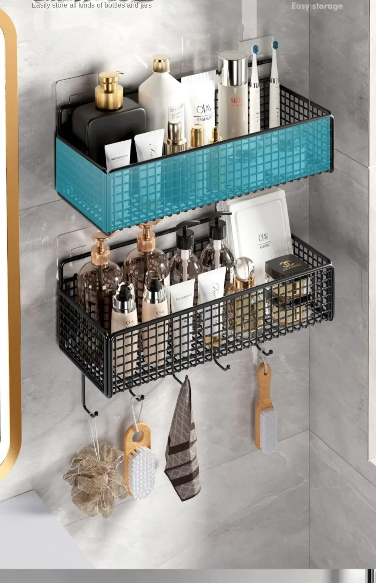 Blue no drill bathroom storage shelf with various bathroom essentials