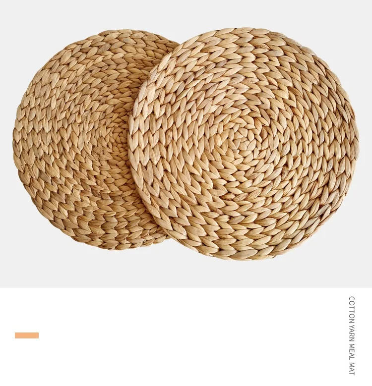 Straw Placemats HeMu Natual Straw Weave Rattan Round Placemats Cups Mat Thickened Insulation Mat Dining Table Home Decor Sand Pot