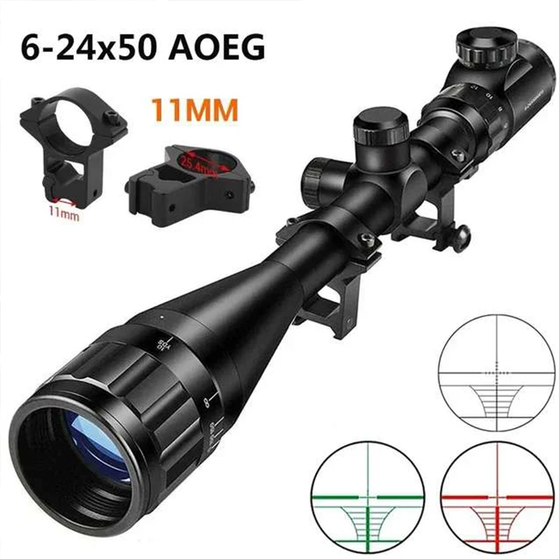 Riflescope 6-24x50 AOE Optical Hunting Scope Red and Green Illuminated With 11mm Dovetail Rings