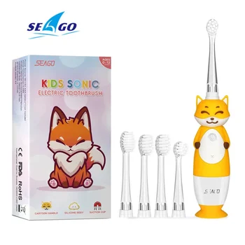 SEAGO 어린이 전동 칫솔, LED 스마트 2 분 타이머, IPX7 방수 여우 아이 칫솔, 4 개 교체 브러시 헤드 포함