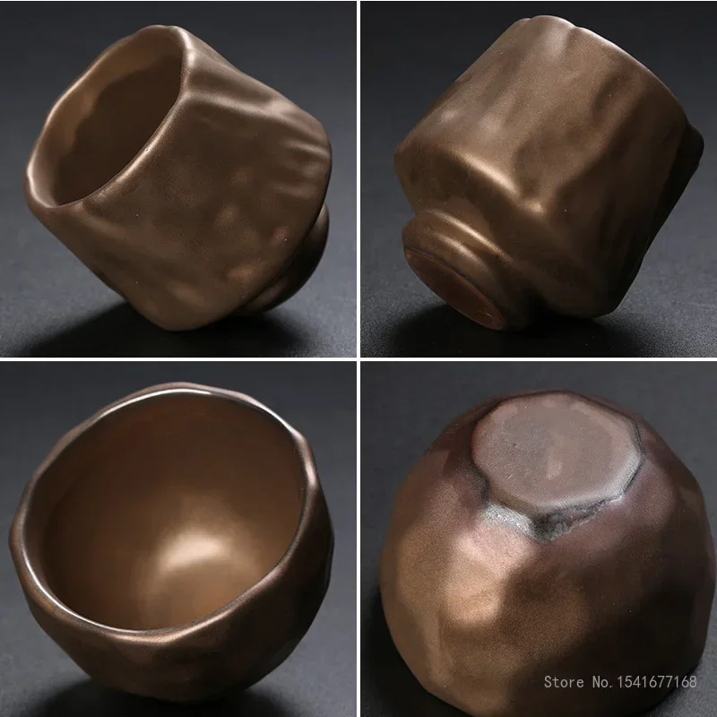 Chinese Style Kung Fu Retro Tea Set, Coarse Pottery, Handmade Ancient Copper Gold Ceramics, Japanese  Coffee Ceramic Teacup, 2Pc