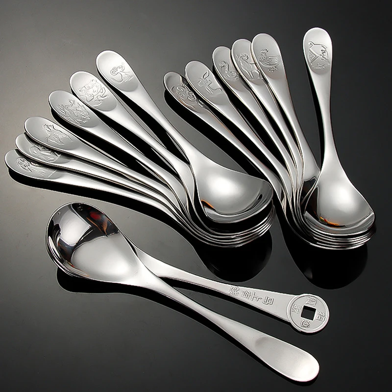

Утолщенная круглая ложка из нержавеющей стали с китайским знаком зодиака, креативная длинная ручка, гостиничный суповой ковш, домашние кухонные необходимые инструменты