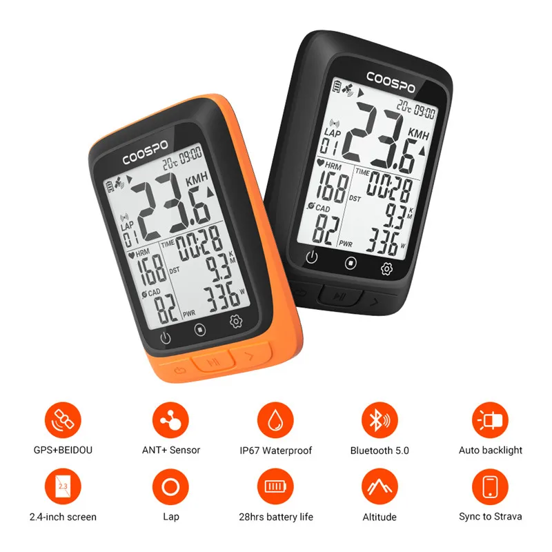 CooSpo Bike Computer GPS Wireless Bluetooth 5.0 & ANT Cycling Computer Waterproof Bicycle Speedometer with Auto Backlight 2.4 inch Large LCD Display 