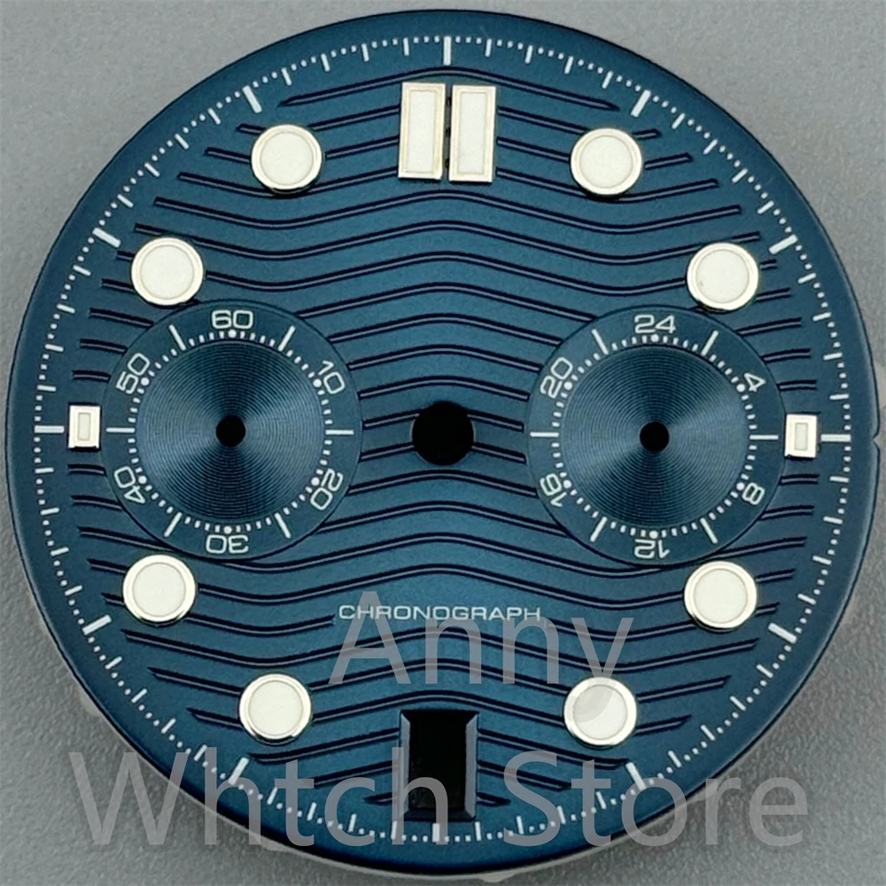 Green Luminous Chronograph Watch Dial with Date Windows, 31mm