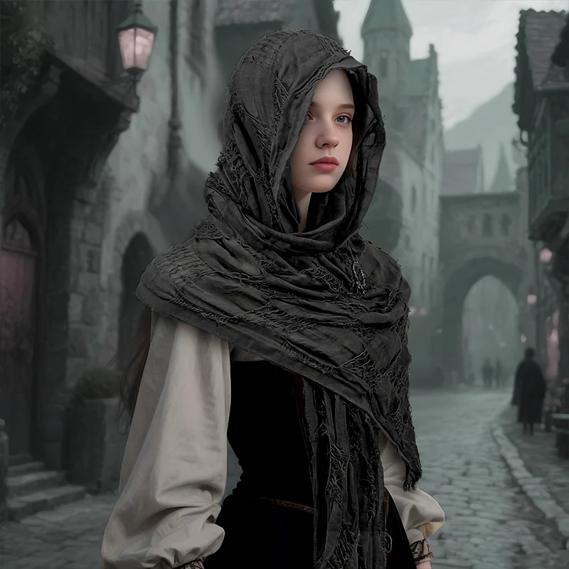 Retro Scarf With Brooch For Medieval Halloween Cloak Costume Cape Wrap Hooded Shawl Cosplay Accessories