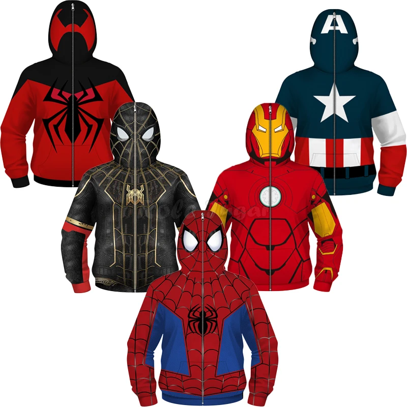 Anime Spiderman /Iron Man Full Zipper Hoodies Cosplay Costume Kids Boys Girls Superhero Cartoon Print Hooded Sweatshirts Outwear superhero cosplay costume kids cosplay costume