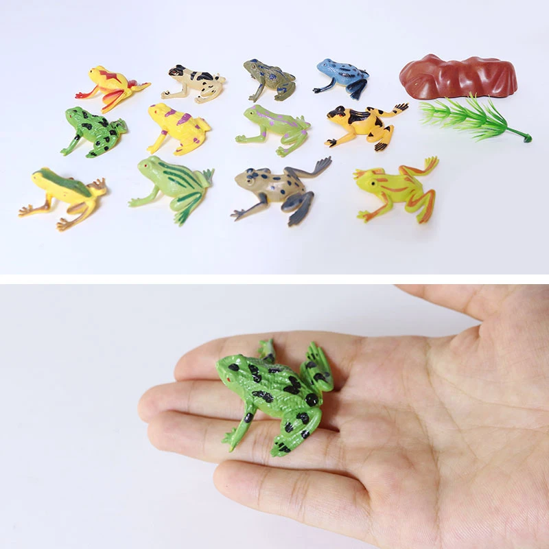 12pcs Mini Frogs,1 Grass and 1 stone Toy Set Small Realistic Frog Toy Decorations Frogs Rain Forest Lifelike Art Lawn decoration 6