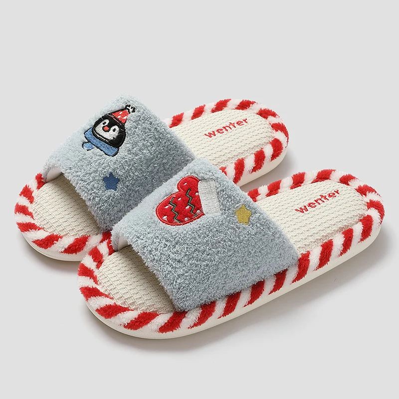 Cute Cartoon Embroidery Linen Slippers Women 2025 Korean Non Slip Home Slippers Woman Open Toe Soft Sole Indoor Slides Female