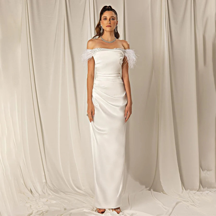 

Elegant Bride Gown Pleat Off Shoulder Feathers Boat Neck Straight Satin Wedding Dresses for Women vestidos para mujer