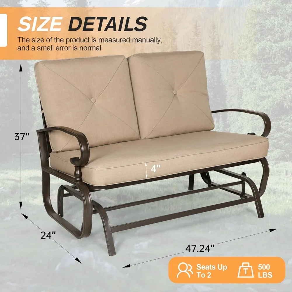 Outdoor Rocking Chair with Cushion Glider Bench for 2 Person, Seating Loveseat Steel Frame for Porch, Patio, Garden 3