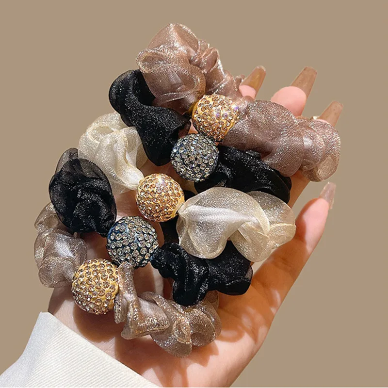 5 pçs estilo coreano malha strass alta elástica laços de cabelo para mulheres moda coreana grandes elásticos de cabelo acessórios para o cabelo