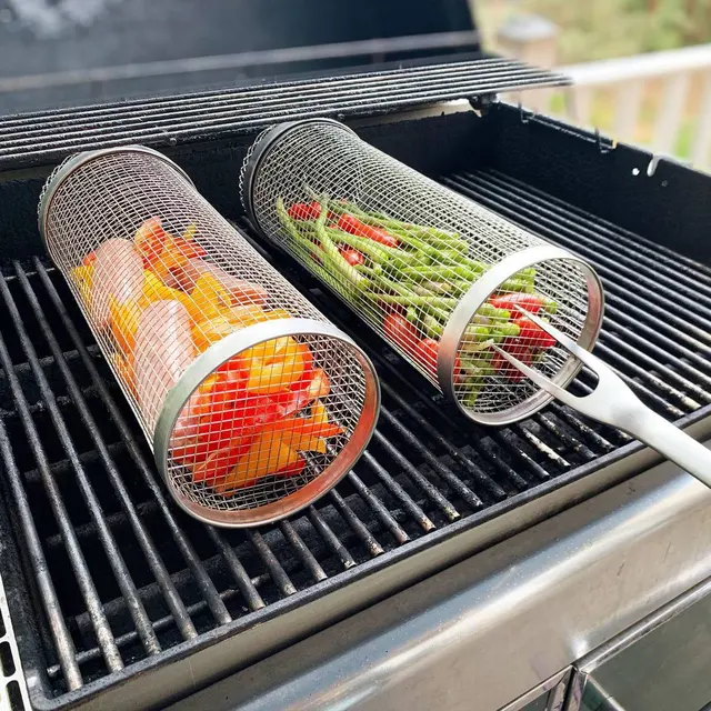 Barbecue Ketrecek Grill Rács Kemping Piknik Edények Kültéri Kerek Bbq Tábortűz Gördülő Kosár