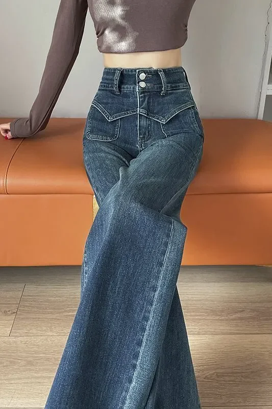 جينز صيفي جديد عالي الخصر لعام  للنساء بنطال أرضي نحيف وطويل ومتعدد الاستخدامات ومستقيم وفضفاض واسع الساق