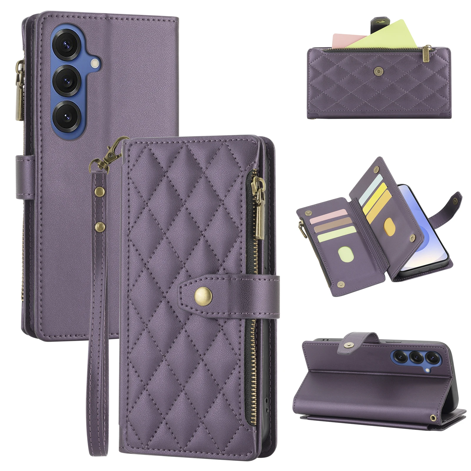 Deluxe Wallet-Style Phone Case with Card Slots, Zipper Coin Pocket, and Wrist Strap in Faux Leather