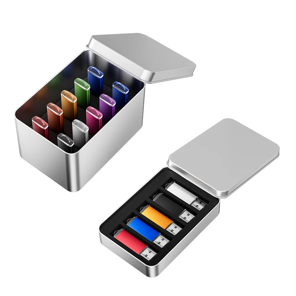 5PCS 10PCS USB 플래시 드라이브 128GB 금속 상자 펜 드라이브 64GB 도매 펜드라이브 32GB 블루 레드 퍼플 메모리 스틱 저장 장치