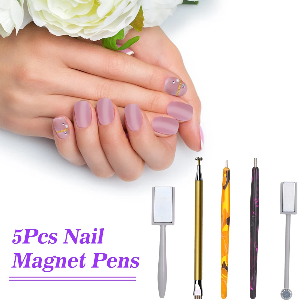 5Pcs Nail Art Magnet Tool Set with Double Head Flower Design Nail Magnet Pens And Strong Magnet Stick for Cat Eye Gel Polish
