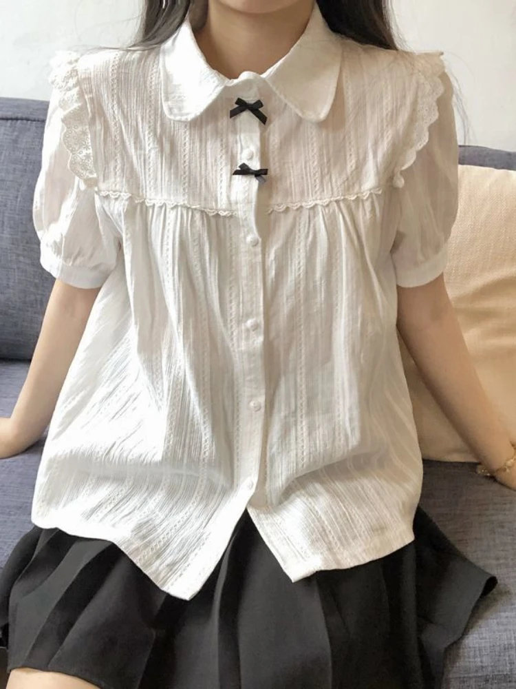Kawaii White Lolita Lace Blouse Women Gothic Preppy Style Vintage Peter Pan Collar Short Sleeve Shirt Girl Summer Cute Top Mujer