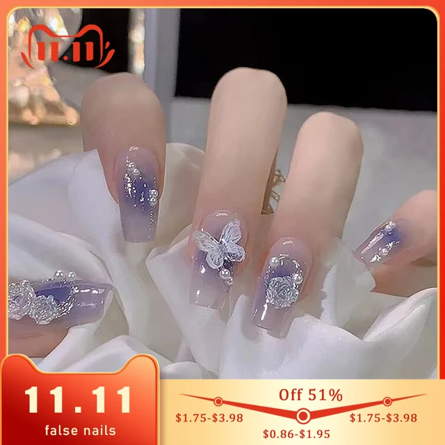 24Pcs Ballerina Long Square Nail Tips False Nails Wearable Fake Nails Butterfly Camellia Flower Pearl Design Press on Nails