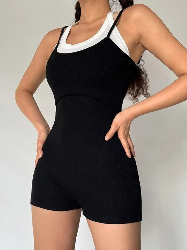 Sexy Women Skinny Jumpsuit Summer Black Sleeveless Playsuit Hanging Neck Romper Shorts Contrast Color Bodysuit Aesthetic Clothes sexy women bodysuit skinny playsuit sleeveless deep v neck bodycon stretch leotard button short romper pajama jumpsuit sleepwear