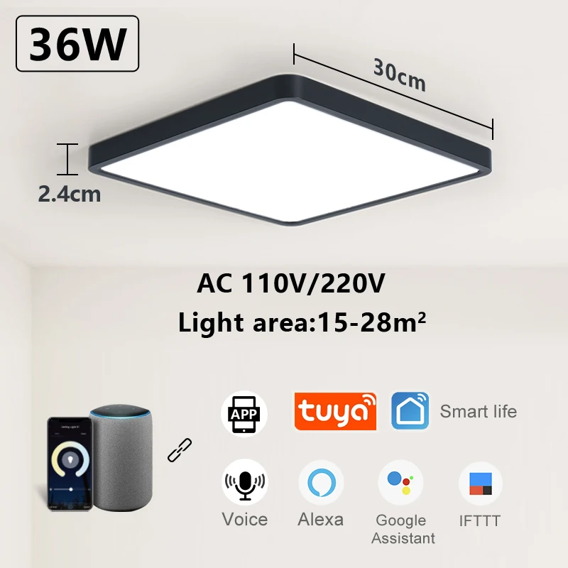 recessed ceiling spotlights MARPOU Tuya Smart LED Ceiling lamp Wood Grain App Voice Control Alexa/Google Remote Control Square Ceiling Lights Living room bathroom downlights LED Downlights