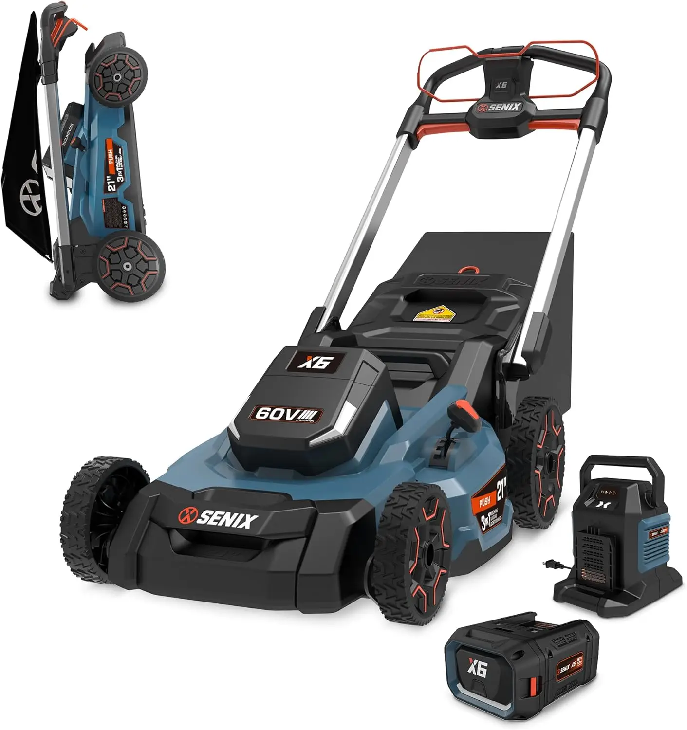 

SENIX X6 60 Volt Max* 21-Inch 3-in-1 Cordless Push Lawn Mower, with Bagging, Mulching, and Side Discharge, Height Adjustment, Sm
